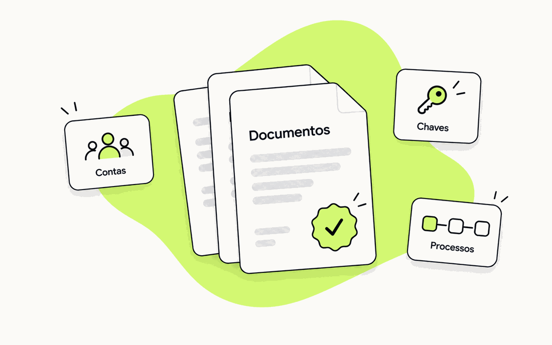 Documentos com selo de aprovado, contas, chaves e processos